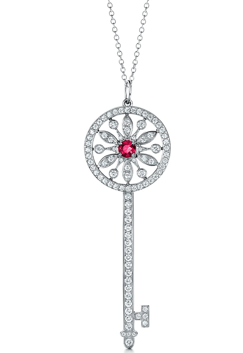[N0163] Collar llave flor pavé piedra roja plata