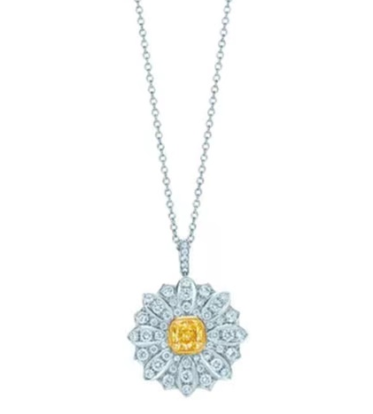 Collar Tiffany flor sol piedra amarilla doble halo