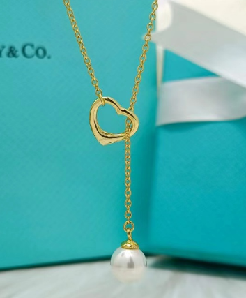Collar Tiffany Corazón Abierto Perla Oro y Piedra Verde