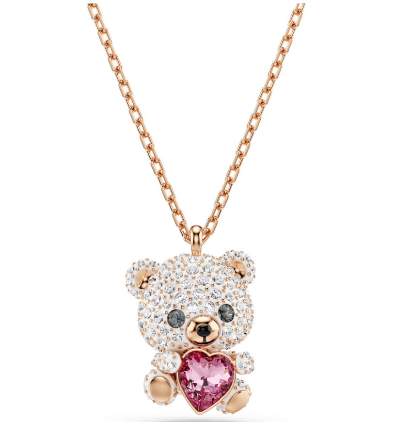Collar Osito Pavé Blanco con Corazón Rosa Oro Rosa