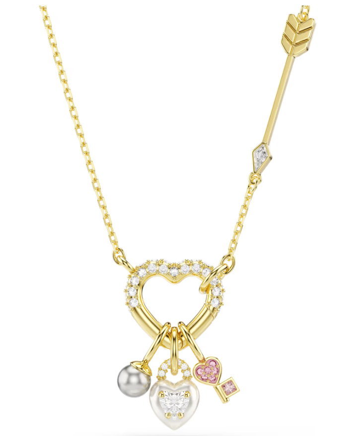 Collar Corazón Pavé con Dijes Llave y Perla Dorado