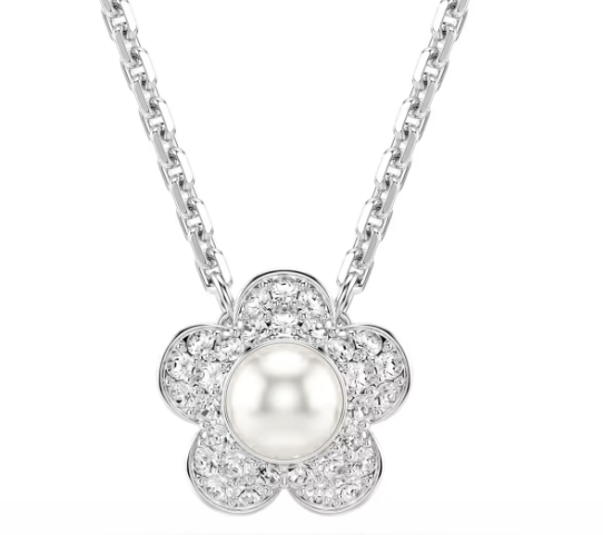 Collar Flor Pavé con Perla Central Tono Rodio