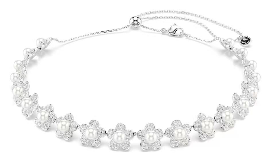 Collar Flores Perla y Pavé Alternadas Tono Rodio
