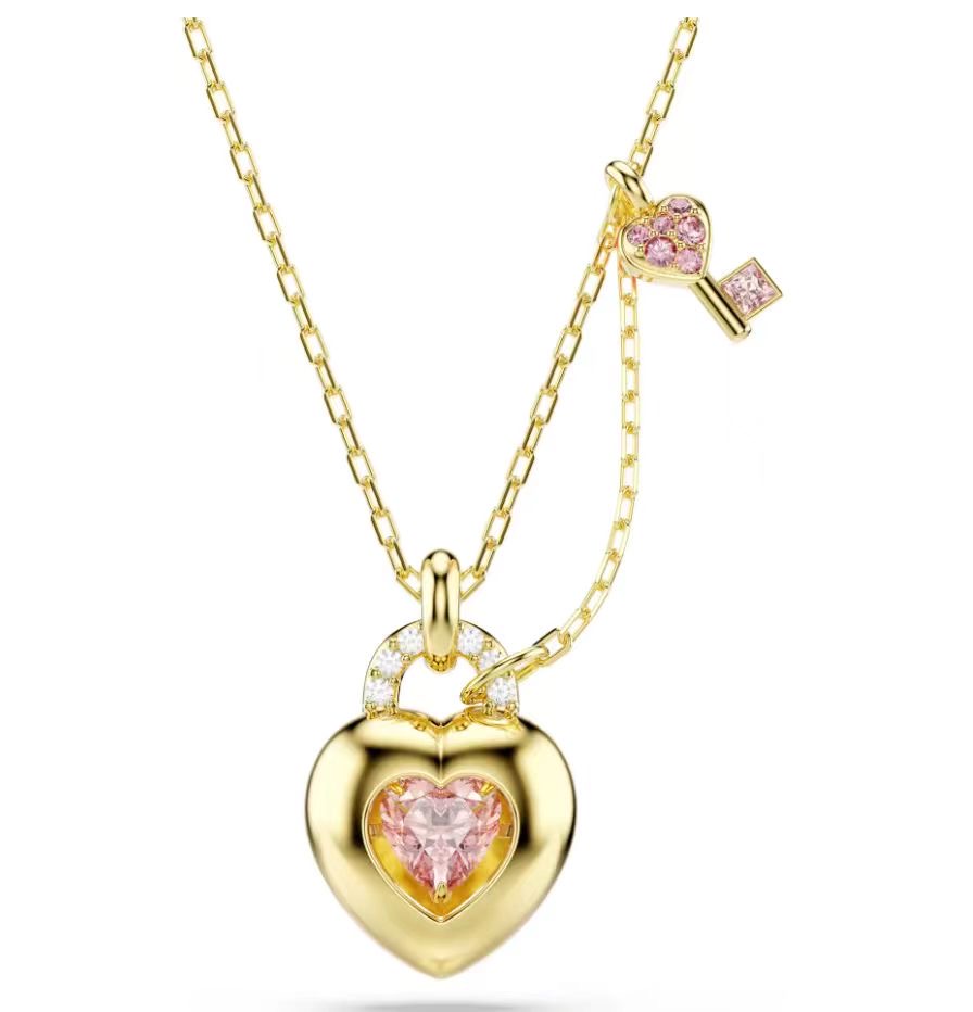 Collar Swarovski Candado Corazón y Llave Rosa