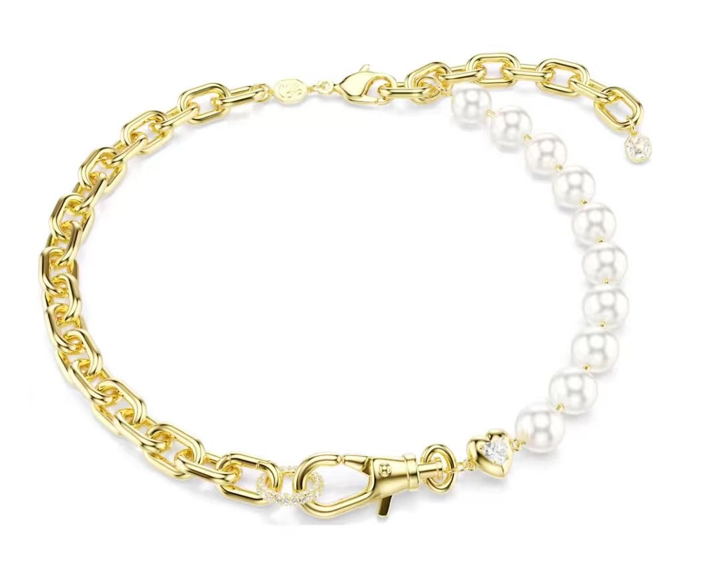 Collar Mitad Cadena Mitad Perlas Broche Corazón