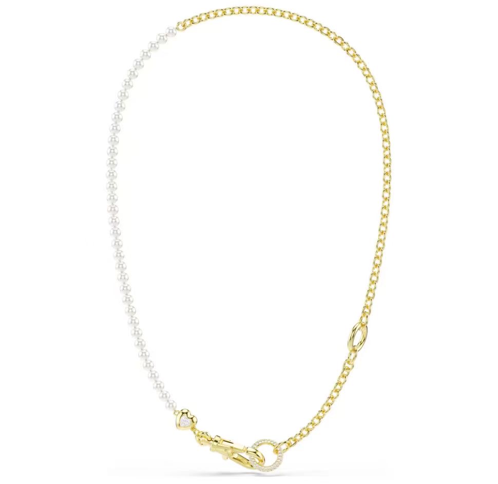 Collar Cadena y Perlas con Aro Pavé Tono Dorado