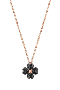 Collar Swarovski Trébol Cuatro Pétalos Negro Cadena Oro Rosa