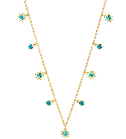 Collar Swarovski Estrellas Sol y Cristales Turquesa Dorado