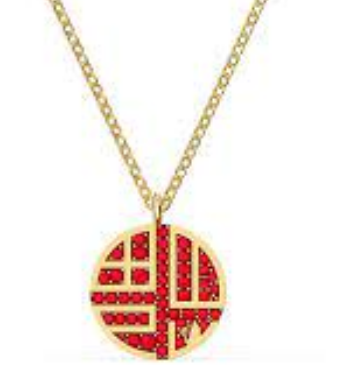 Collar Medallón Redondo Patrón Oriental Cristales Rojos Dorado