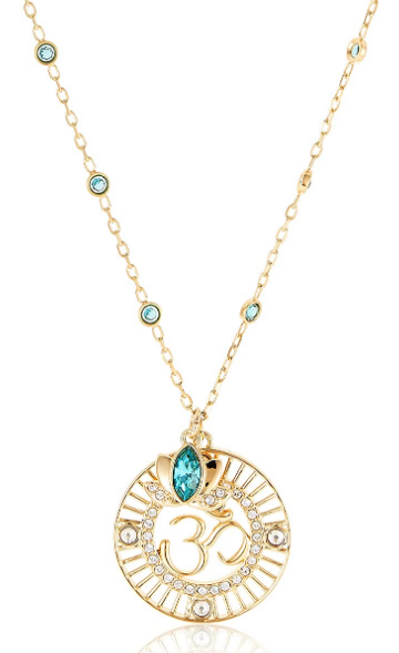 Collar Medallón Om Rayos Solares con Cristal Aguamarina Dorado