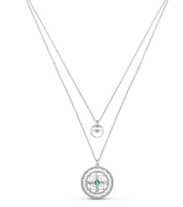 Collar Doble Cadena Medallón Árbol Cristal Verde Rodio