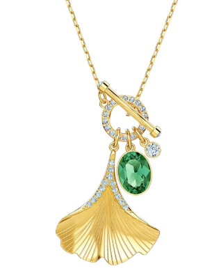 Collar Swarovski Hoja Ginkgo Dorada Gota Verde