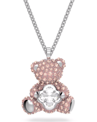 Collar Osito Pavé Rosa con Trébol Blanco