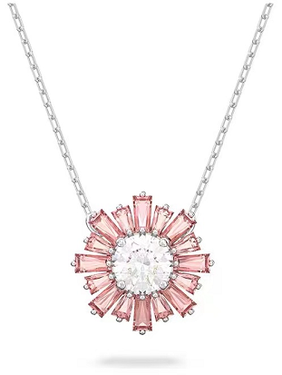 Collar Flor Solar Baguette Rosa y Blanco Rodio