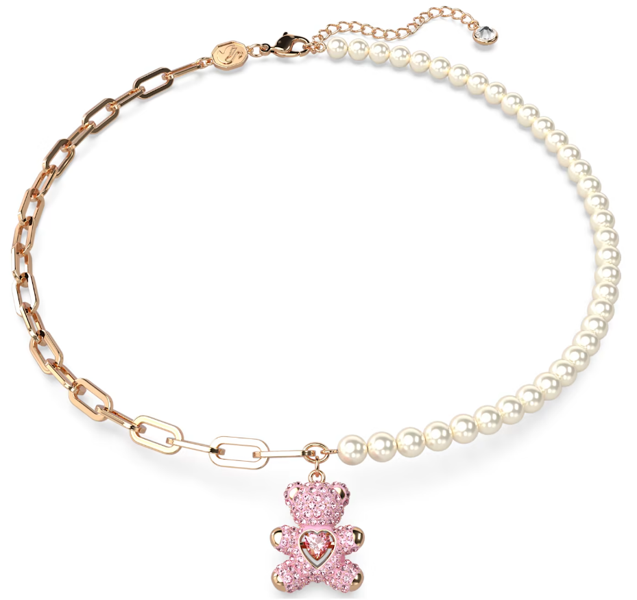 Collar Swarovski perlas oso pavé rosa corazón
