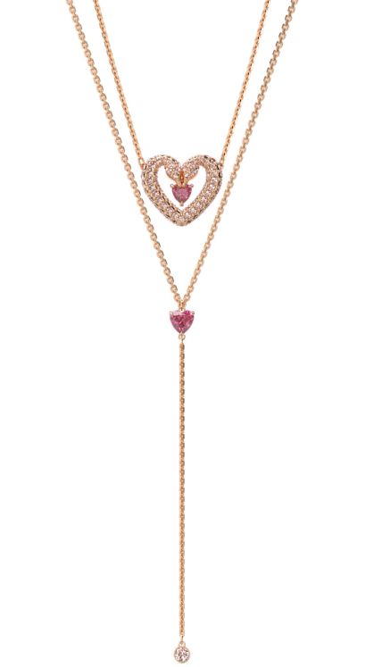 Collar Swarovski Corazón Doble Cadena Cristal Rosa Oro Rosa