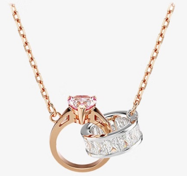 Collar colgante anillos entrelazados corazón tono oro rosa