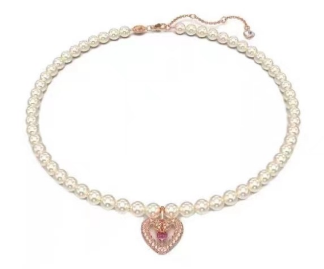 Collar Swarovski Perlas Colgante Corazón Rosa