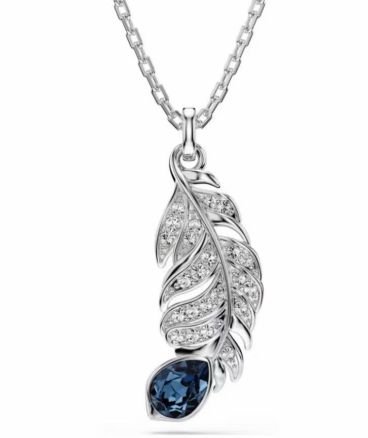 Collar Pluma Pavé Blanco con Gota Azul