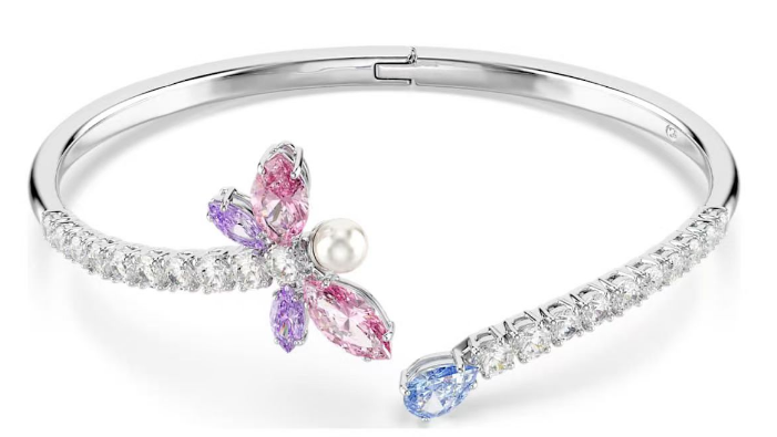 Brazalete Swarovski Rígido Flor Rosa y Perla