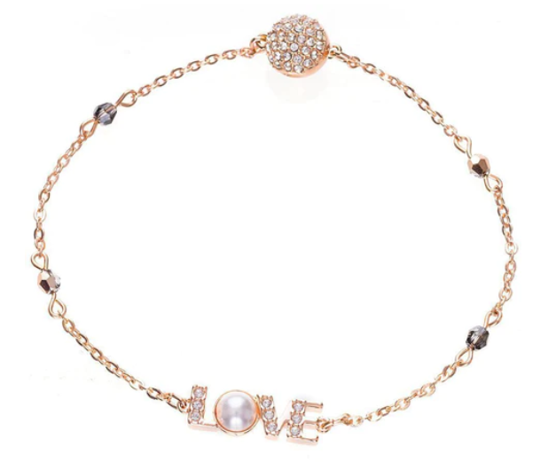 Pulsera Swarovski letras LOVE con perla oro rosa