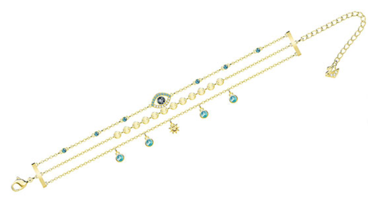 Brazalete Swarovski doble hilera dijes ojo turquesa dorado