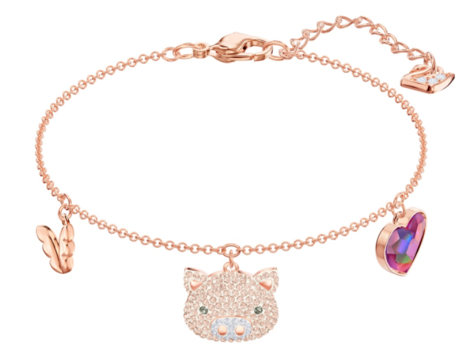 Brazalete Swarovski Dijes Cerdito, Mariposa y Corazón Oro Rosa