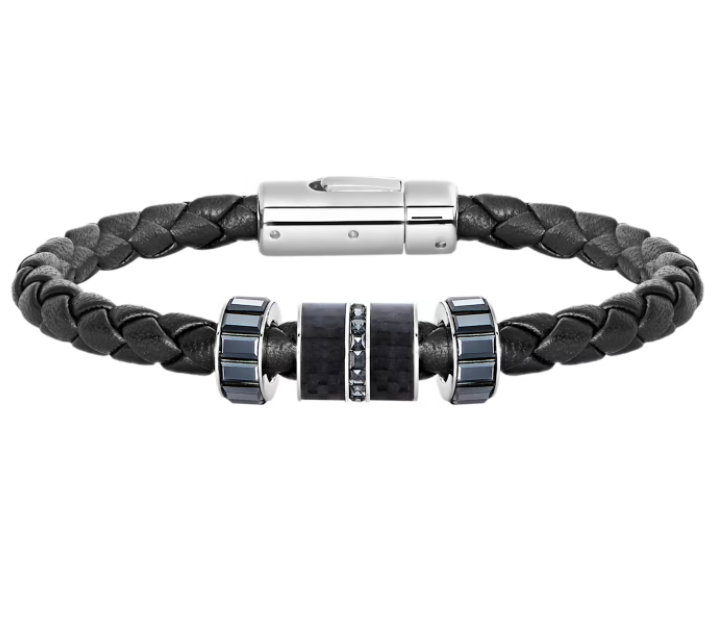 Brazalete cuero trenzado negro fibra de carbono Grande