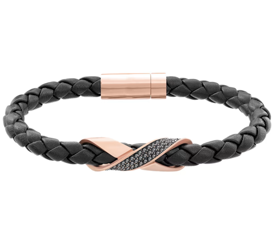 Brazalete de cuero negro cruce oro rosa