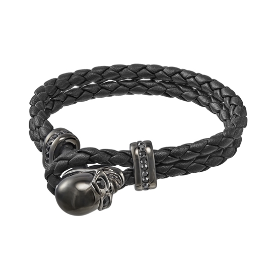 Brazalete de cuero negro calavera tono grafito