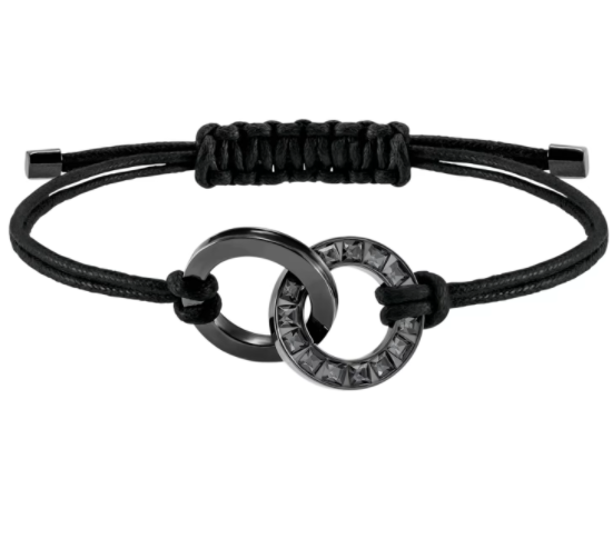 Brazalete cordón negro aros entrelazados pavé negro