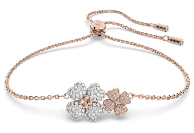 Brazalete doble flor pavé blanca y trébol rosa