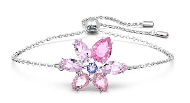Brazalete cadena flor cristales rosa y lila