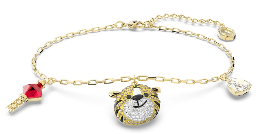 Brazalete Swarovski dijes tigre y cristal rojo tono dorado