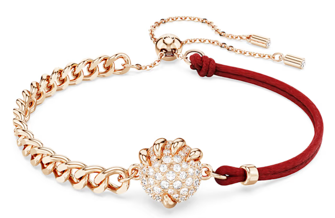 Brazalete Swarovski flor pavé tono oro rosa y cordón rojo