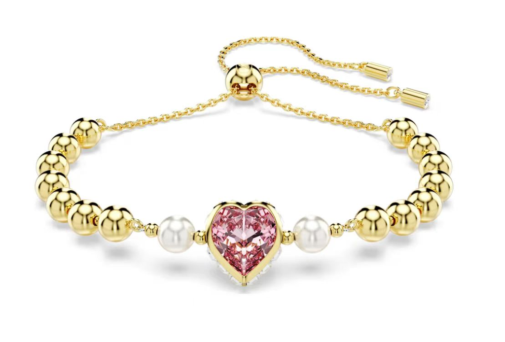 Brazalete Ajustable Swarovski Corazón Rosa y Perlas