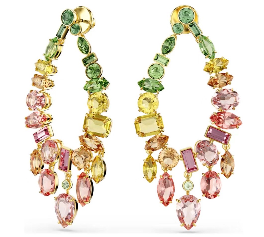 [E395] Aretes Swarovski Gema Aro Colgante Multicolor Verde y Rosa