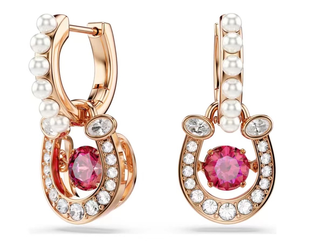 Aretes Swarovski Herradura Perlas y Cristal Fucsia Oro Rosa