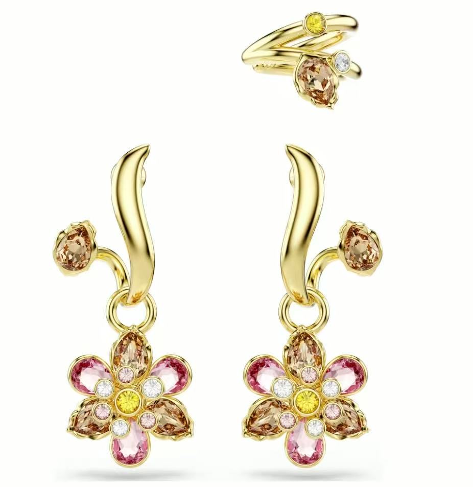 Aretes Swarovski Flor Colgante Dorado Multicolor