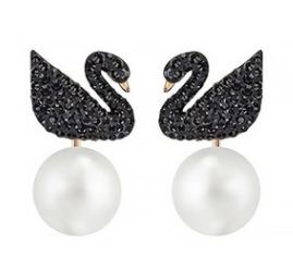 Aretes Swan Cisne Cristales Negros y Perla
