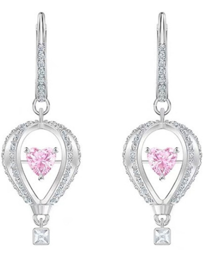 Aretes globo aerostático corazón rosa baño de rodio