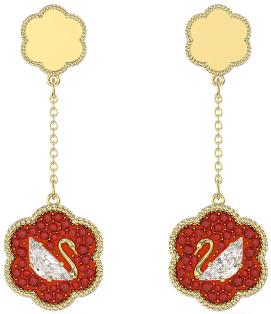 Aretes Swarovski Cisne Medallón Flor Roja Dorado