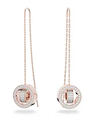 Aretes Swarovski Hyperbola Hilo y Doble Círculo Oro Rosa