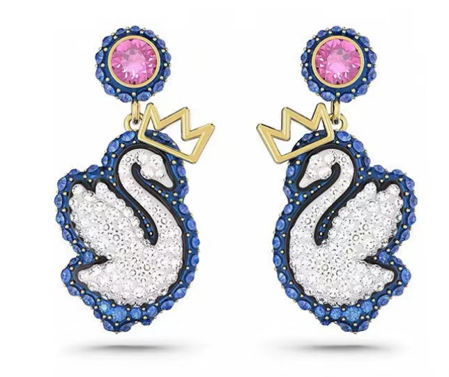 Aretes Swarovski Cisne Corona Azul y Rosa