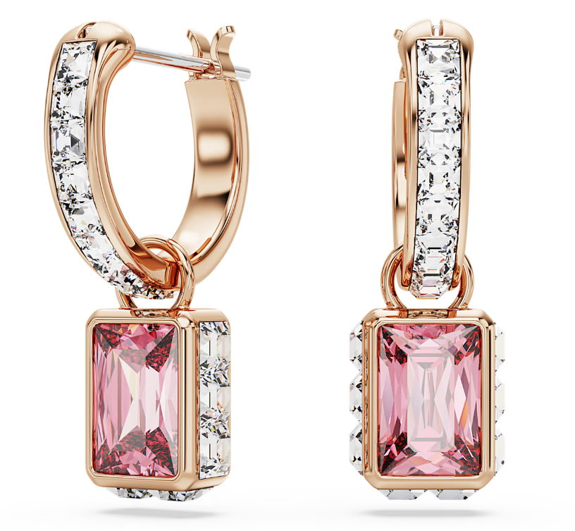 Aretes Swarovski Aro Baguette y Gota Rosa Oro Rosa