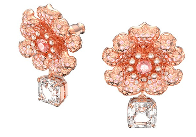 Aretes Swarovski Flor Rosa Oro Rosa Gota Colgante