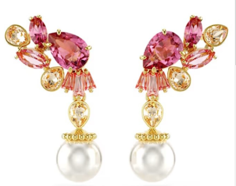 Aretes colgantes racimo cristales rosa y perla