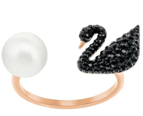 Anillo Swarovski Cisne Ajustable Negro y Perla