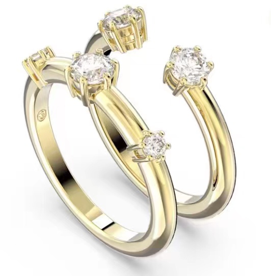 Anillo doble abierto cristales redondos tono dorado