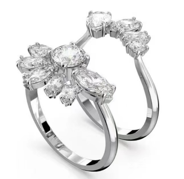 Anillo doble abierto racimo redondo y marquise rodio